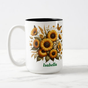 Custom name, sunflowers Two-Tone coffee Mug, 15 oz Mug