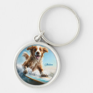 Custom Name Surfing Dog Keychain