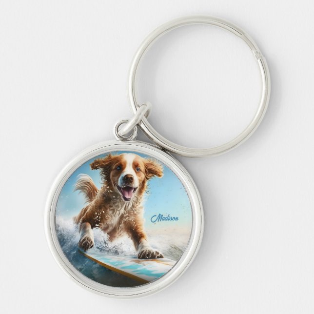 Custom Name Surfing Dog Keychain (Front)
