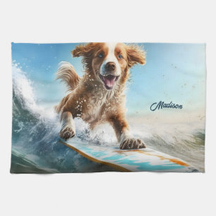 Custom Name Surfing Dog Kitchen Towel