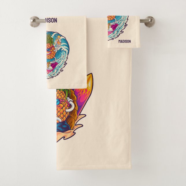 Custom Name Surfing Pineapple Bath Towel Set (Insitu)