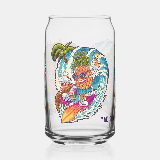 Custom Name Surfing Pineapple Can Glass (Left)