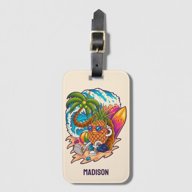 Custom Name Surfing Pineapple Luggage Tag (Front Vertical)