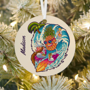 Custom Name Surfing Pineapple Metal Ornament