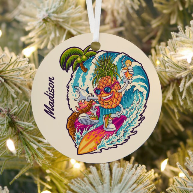 Custom Name Surfing Pineapple Metal Ornament (Insitu)