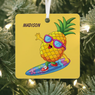 Custom Name Surfing Pineapple Metal Ornament