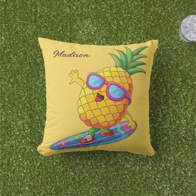 Custom Name Surfing Pineapple Outdoor Pillow (Grass)