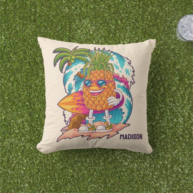 Custom Name Surfing Pineapple Outdoor Pillow (Grass)