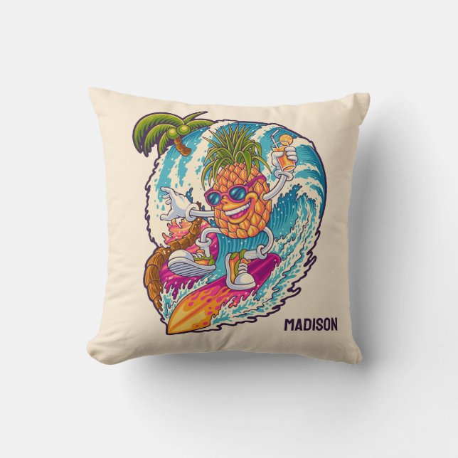 Custom Name Surfing Pineapple Throw Pillow (Front)