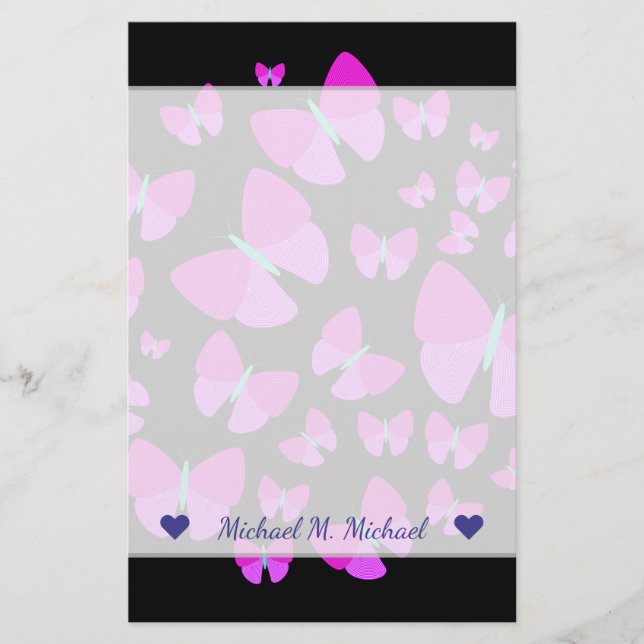 Custom Name + Swarm of Artistic Butterflies Stationery (Front)