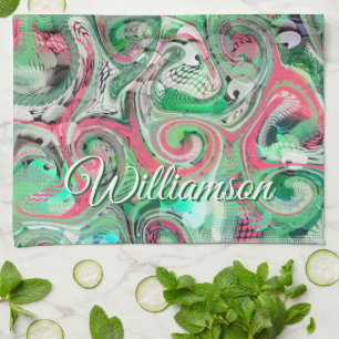 Custom Name Swirl Green Red Whimsical Abstract  Kitchen Towel