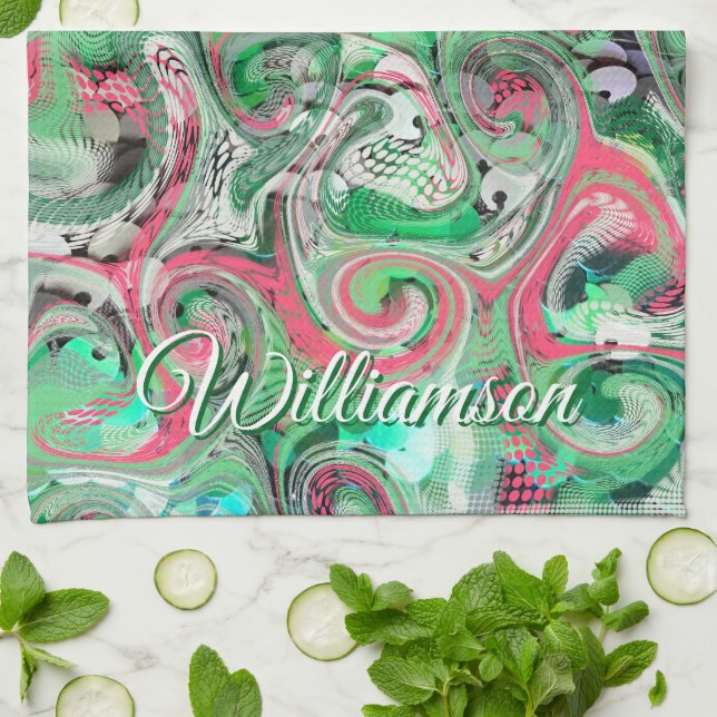 Custom Name Swirl Green Red Whimsical Abstract  Kitchen Towel (Folded)