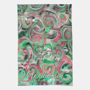 Custom Name Swirl Green Red Whimsical Abstract  Kitchen Towel
