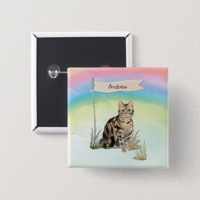 Custom Name Tabby Cat Pet 2 Inch Square Button (Front & Back)