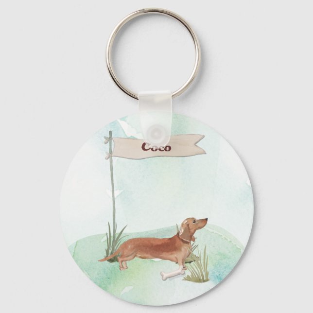 Custom Name Tan Dachshund Pet Dog Keychain (Front)