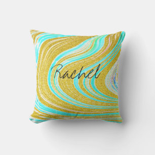 Custom Name Teal Blue Pink Gold Abstract Patterns Outdoor Pillow