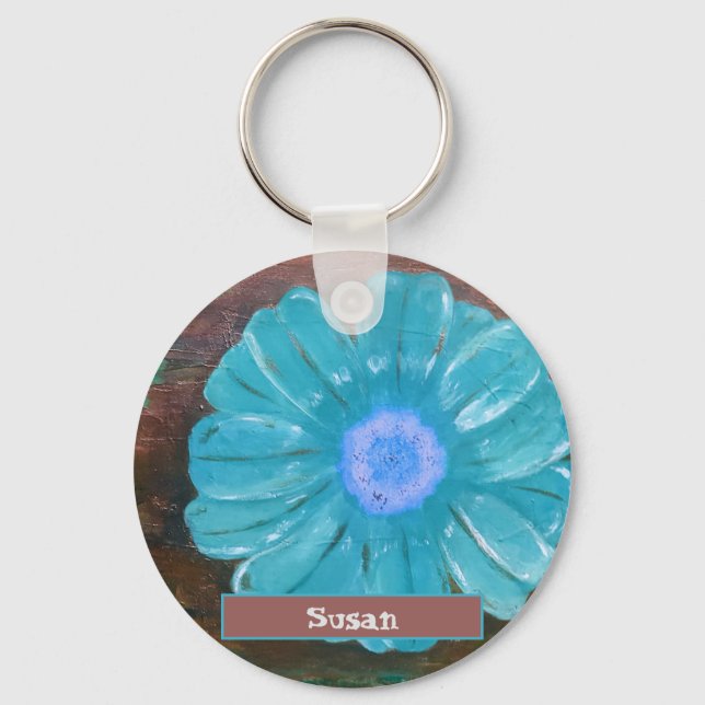 Custom Name TEAL Flower Acrylic Painting Keychain (Front)