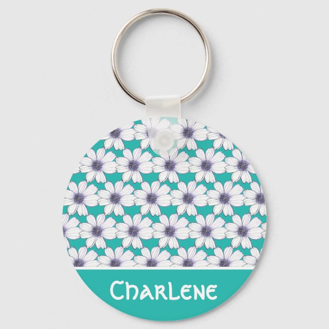 Custom Name Teal flower pattern Button Key Ring (Front)