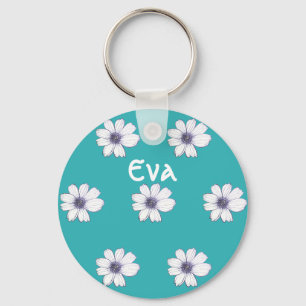 Custom Name Teal flower pattern Button Key Ring