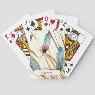 Custom Name Teal Rose Feather Watercolor Poker Playing Cards