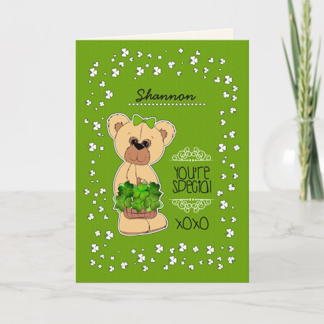 Custom Name Teddy Bear St. Patrick's Day Card (Front)