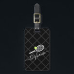 Custom Name Tennis Monogram Luggage Tag<br><div class="desc">Black and white and grey personalized luggage tag travel ID with a tennis racket monogram in an elegant and cute calligraphy script font with a subtle net pattern background.</div>