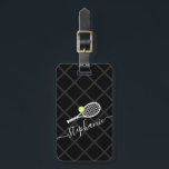 Custom Name Tennis Monogram Luggage Tag<br><div class="desc">Black and white and grey personalized luggage tag travel ID with a tennis racket monogram in an elegant and cute calligraphy script font with a subtle net pattern background.</div>