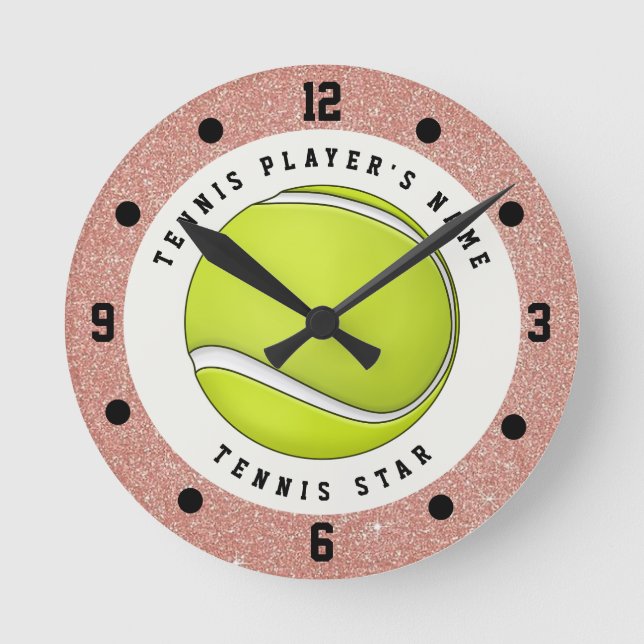 Custom Name Tennis Rose Gold Glitter Ball Round Clock (Front)