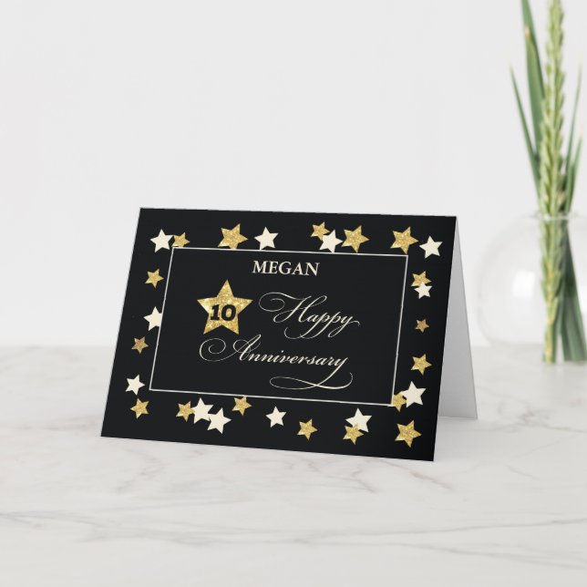 Custom Name Tenth Employee Anniversary Black Gold Card (Front)