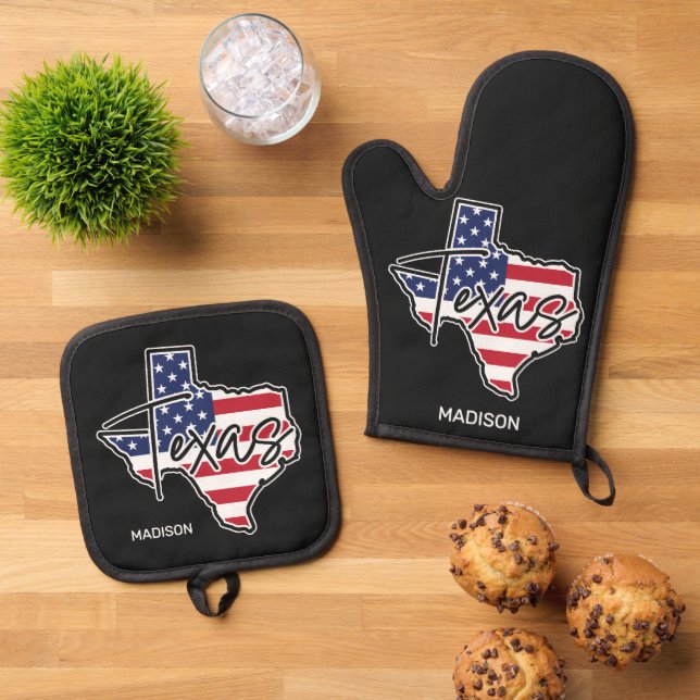Custom Name Texas Oven Mitt & Pot Holder Set (Top Down)