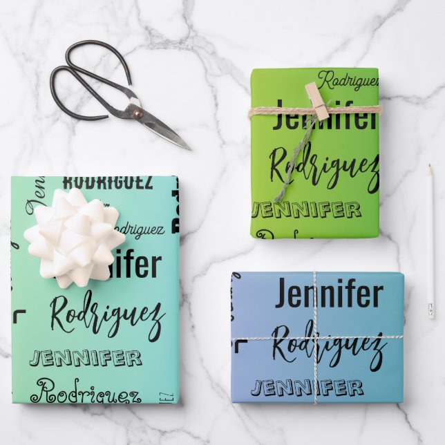 Custom Name Text Abstract Blue Green Gradient Wrapping Paper Sheet (Front)