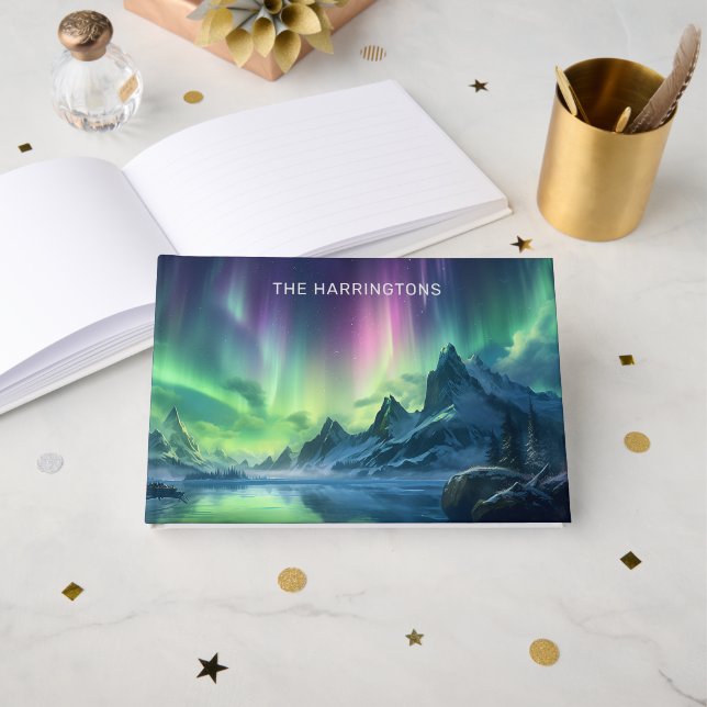 Custom Name & Text Aurora Borealis Guest Book (Front Open)