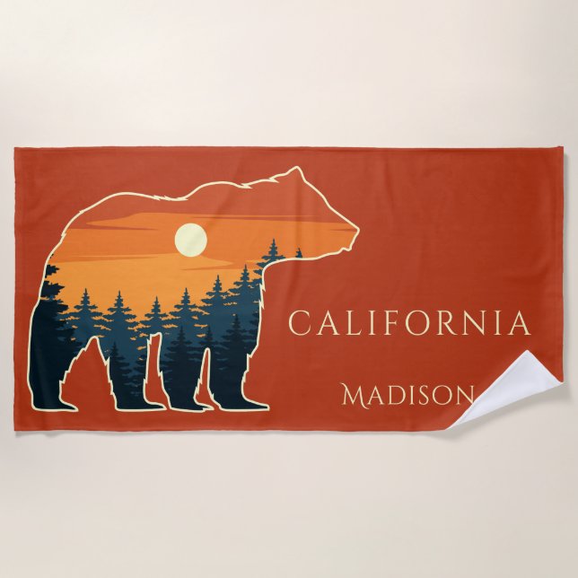 Custom name & text Bear Forest Beach Towel (Front)