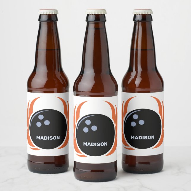 Custom Name & Text Bowling Ball with Flame Beer Bottle Label (Bottles)