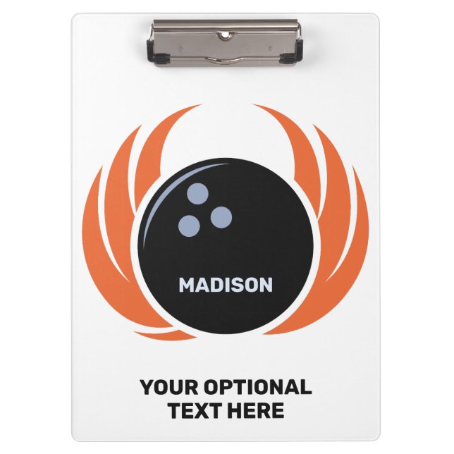 Custom Name & Text Bowling Ball with Flame Clipboard (Front)