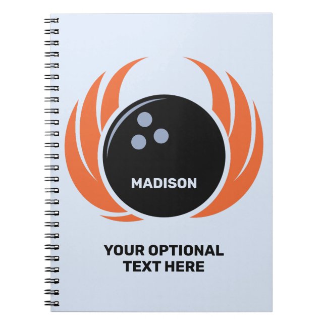 Custom Name & Text Bowling Ball with Flame Notebook (Front)