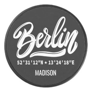Custom Name / Text & Color Berlin Coordinates Hockey Puck