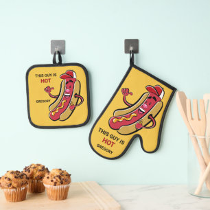 Custom Name, Text & Colour Hot Dog Oven Mitt & Pot Holder Set