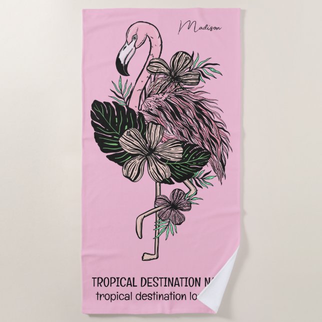 Custom Name, Text & Colour Pink Flamingo Beach Towel (Front)