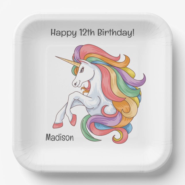 Custom Name & Text Colourful Unicorn Paper Plate (Front)
