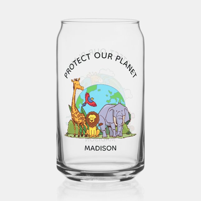 Custom Name & Text Earth with Animals Can Glass (Front)