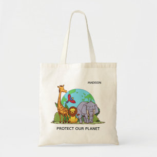 Custom Name & Text Earth with Animals Tote Bag
