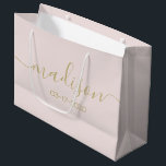 Custom Name Text Elegant Gold Script Blush Pink Large Gift Bag<br><div class="desc">Personalized Girly Chic Feminine Gold Script Blush Pink Gift Bag
Customized gift bags for your event! A perfect touch to your wedding,  reception,  shower,  party or event.</div>