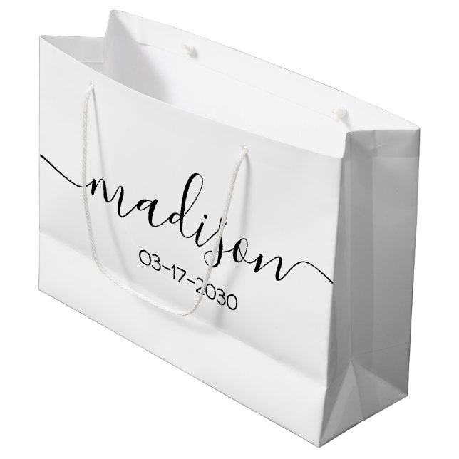 Custom Name Text Elegant Simple Black Script White Large Gift Bag (Front Angled)