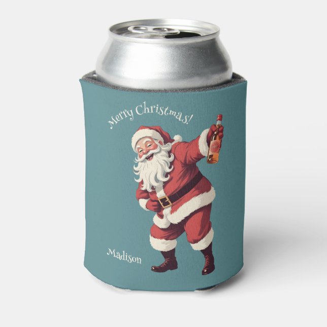 Custom Name & Text Funny Drunk Santa Can Cooler (Can Back)