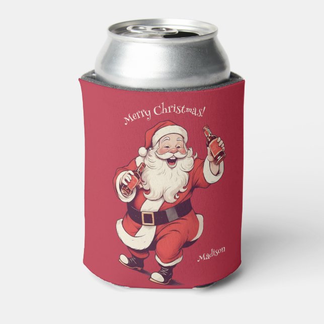Custom Name & Text Funny Drunk Santa Can Cooler (Can Back)