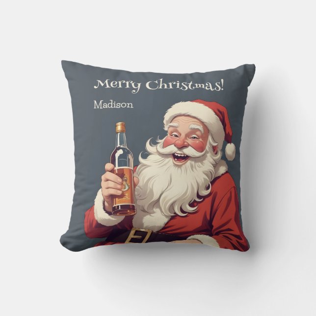 Custom Name & Text Funny Drunk Santa Throw Pillow (Front)