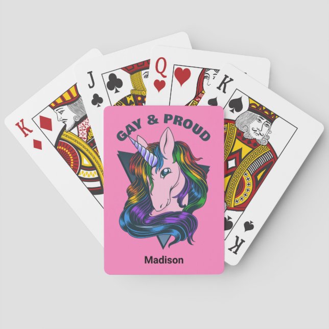 Custom Name & Text Gay Unicorn Playing Cards (Back)