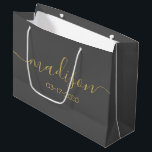 Custom Name Text Girly Feminine Gold Script Grey Large Gift Bag<br><div class="desc">Personalized Girly Chic Feminine Gold Script Grey Gift Bag
Customized gift bags for your event! A perfect touch to your wedding,  reception,  shower,  party or event.</div>