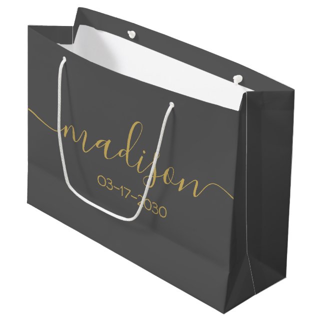 Custom Name Text Girly Feminine Gold Script Grey Large Gift Bag (Front Angled)